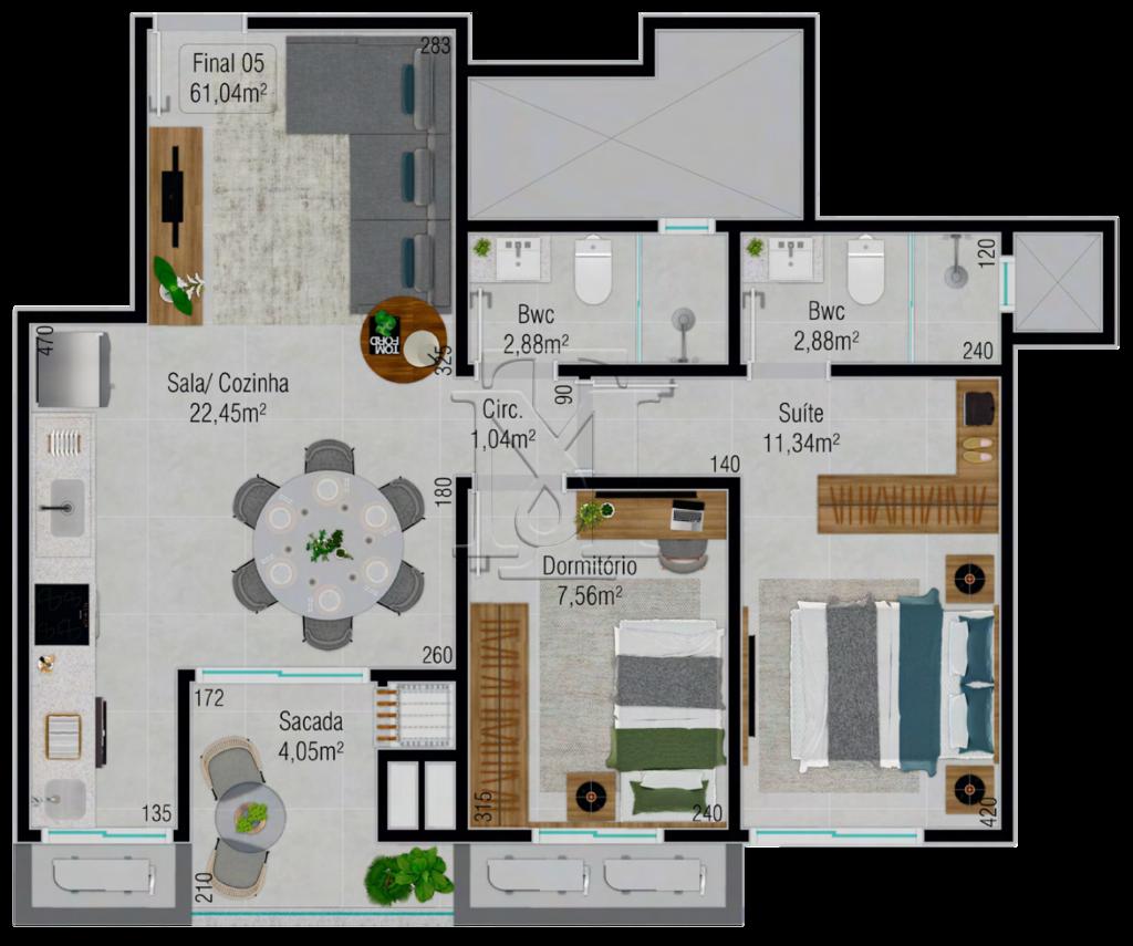 Planta 02 - 2 dorm 61,04m