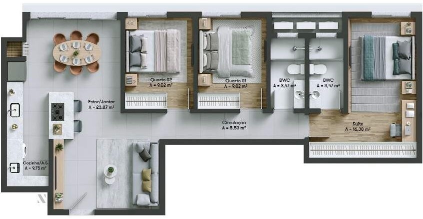 Planta 09 - 3 dorm 95 57m