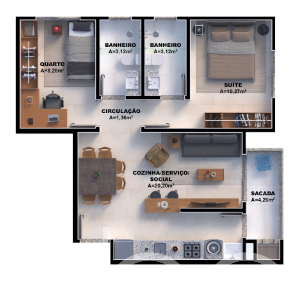 Planta 01 - 2 dorm 57,65m